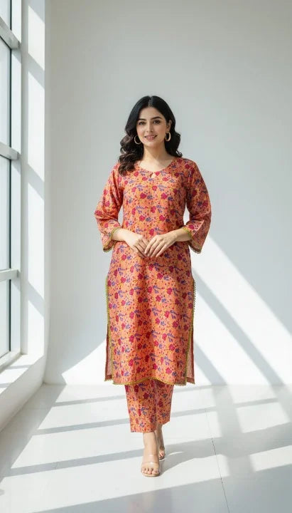 Woman wearing a floral kurta standing in a well-lit room with large windows.
