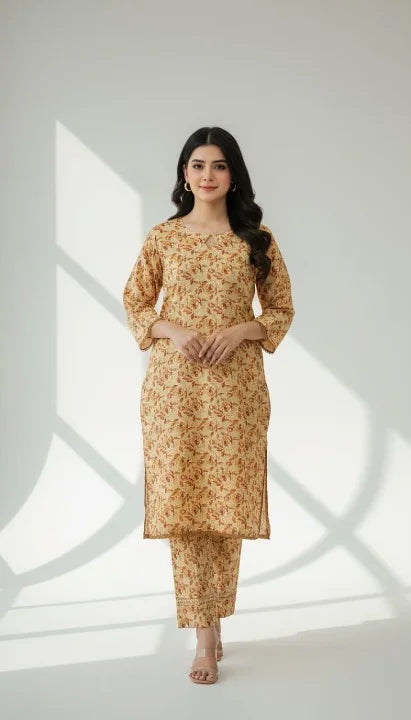 Woman wearing a floral dress and pants set on a white background