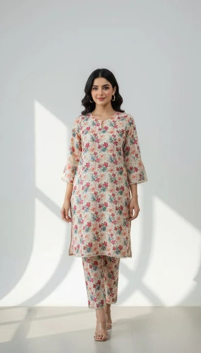 Woman wearing a floral dress and pants set on a white background