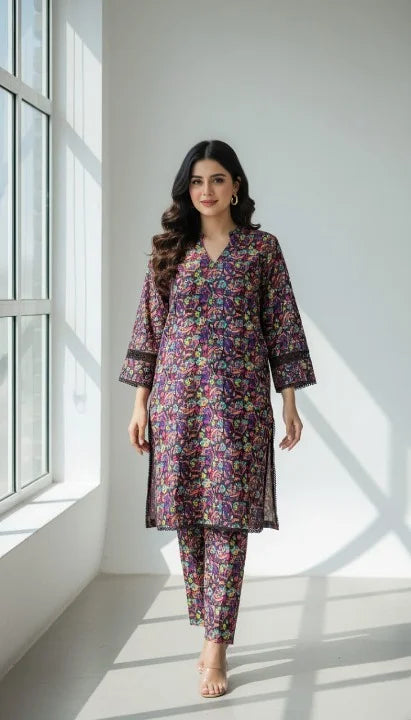 Woman wearing a floral outfit standing in a bright room with large windows.