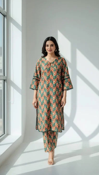 Woman wearing a floral dress and pants standing in a well-lit room with large windows.